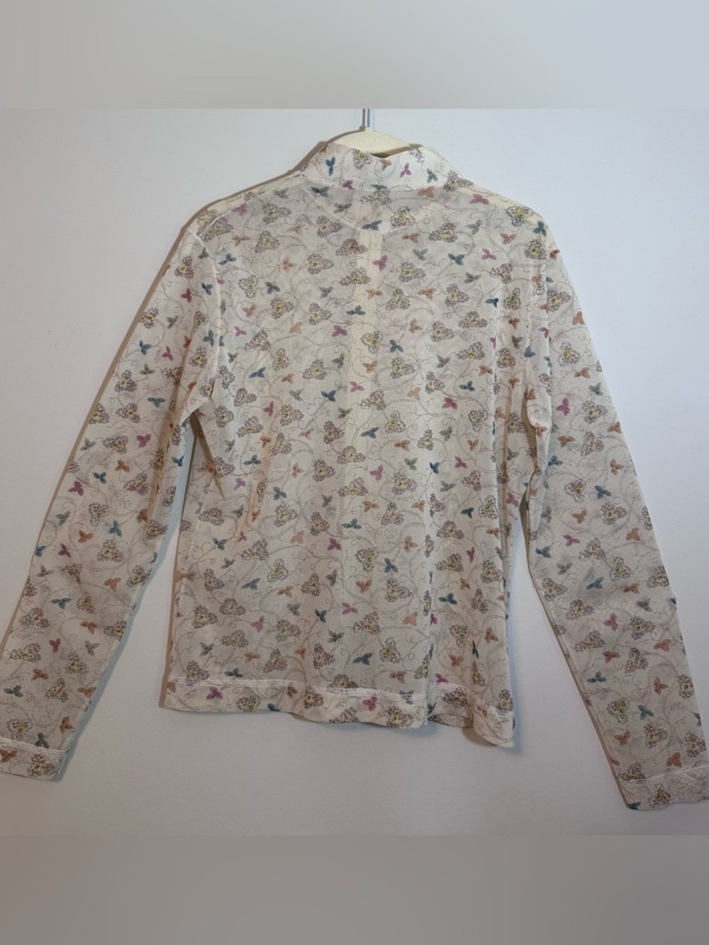 Women’s Light Cream Butterfly Print Long Sleeve Mesh Top Y2K Festival Fairy